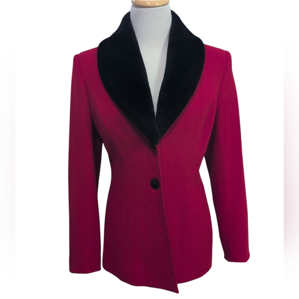 Gantos Blazer Jacket 100% Wool, Red W/ Faux Fur Collar, See Desc